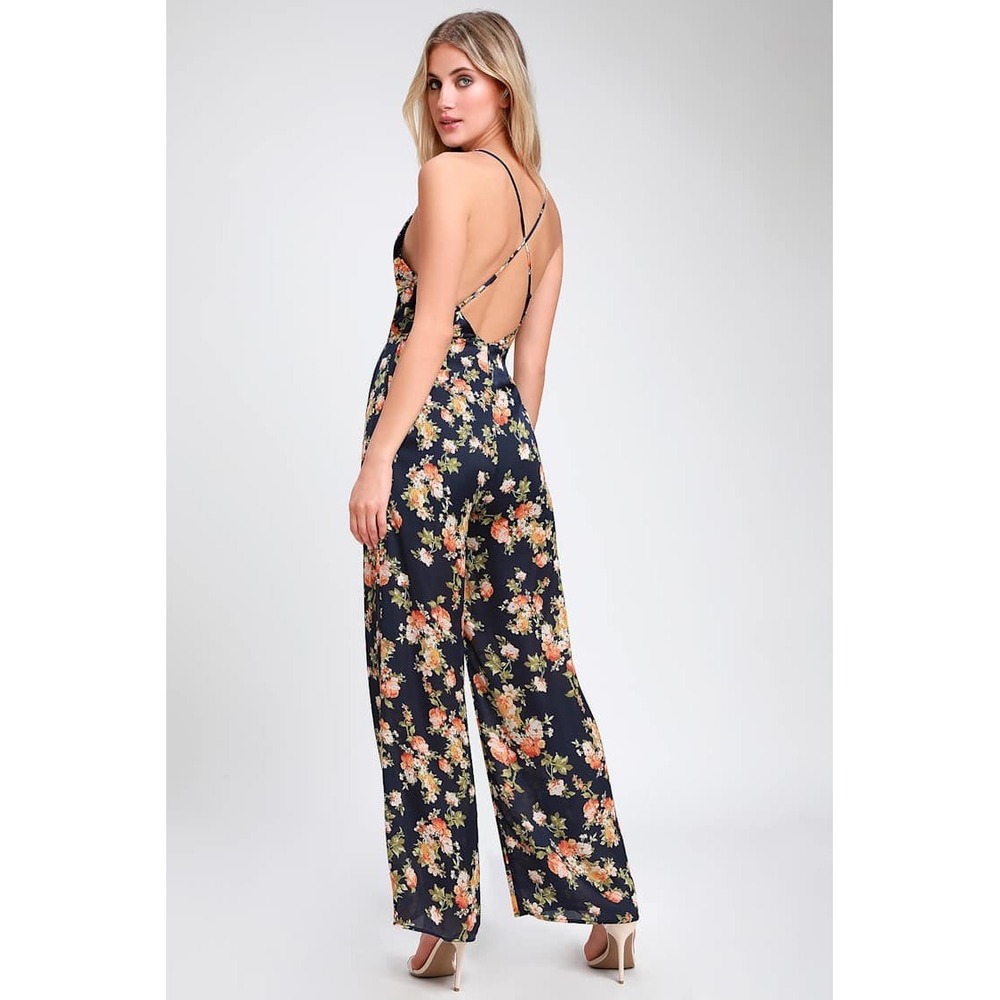 Lulus Floral Wide Leg Navy Jumpsuit XS Sleeveless Surplice NWT Cocktail Versatil